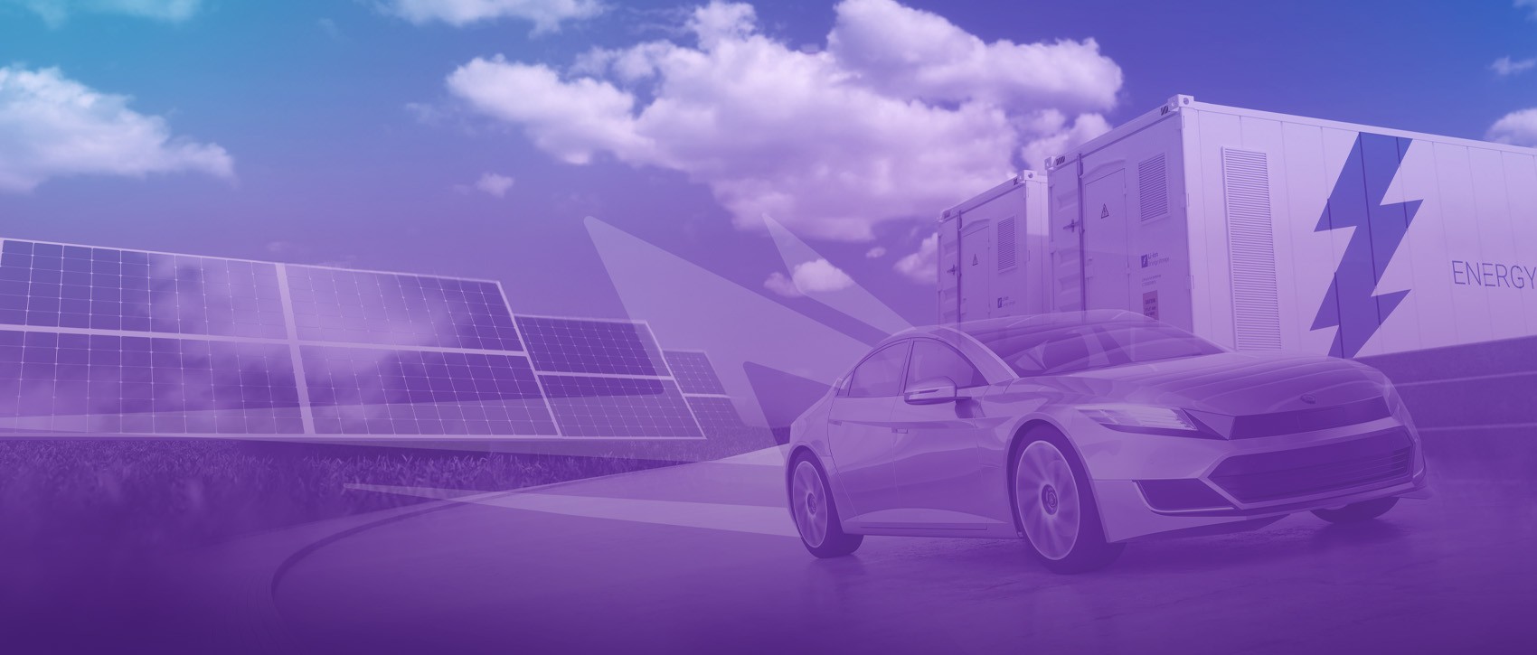 A blue-to-purple gradient overlaid on a composite image featuring battery storage, solar panels, and an electric car.