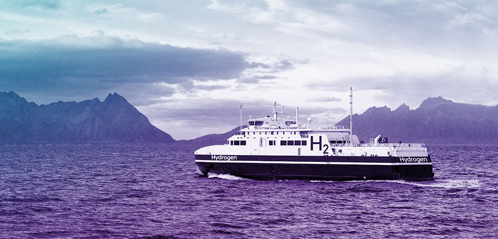 A large industrial boat in the ocean, with mountains as a background, and a blue-purple gradient filter over top. This represents Wolfspeed's products that support e-mobility projects in the water.